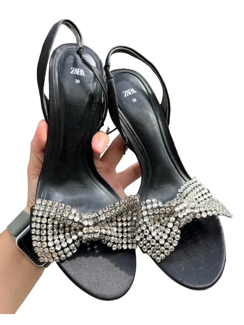 ZARA Embellished Bow High Heel Sandal Black Silver NWT EU 38/39